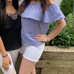 Vertical Striped Off Shoulder Blue & White Blouse